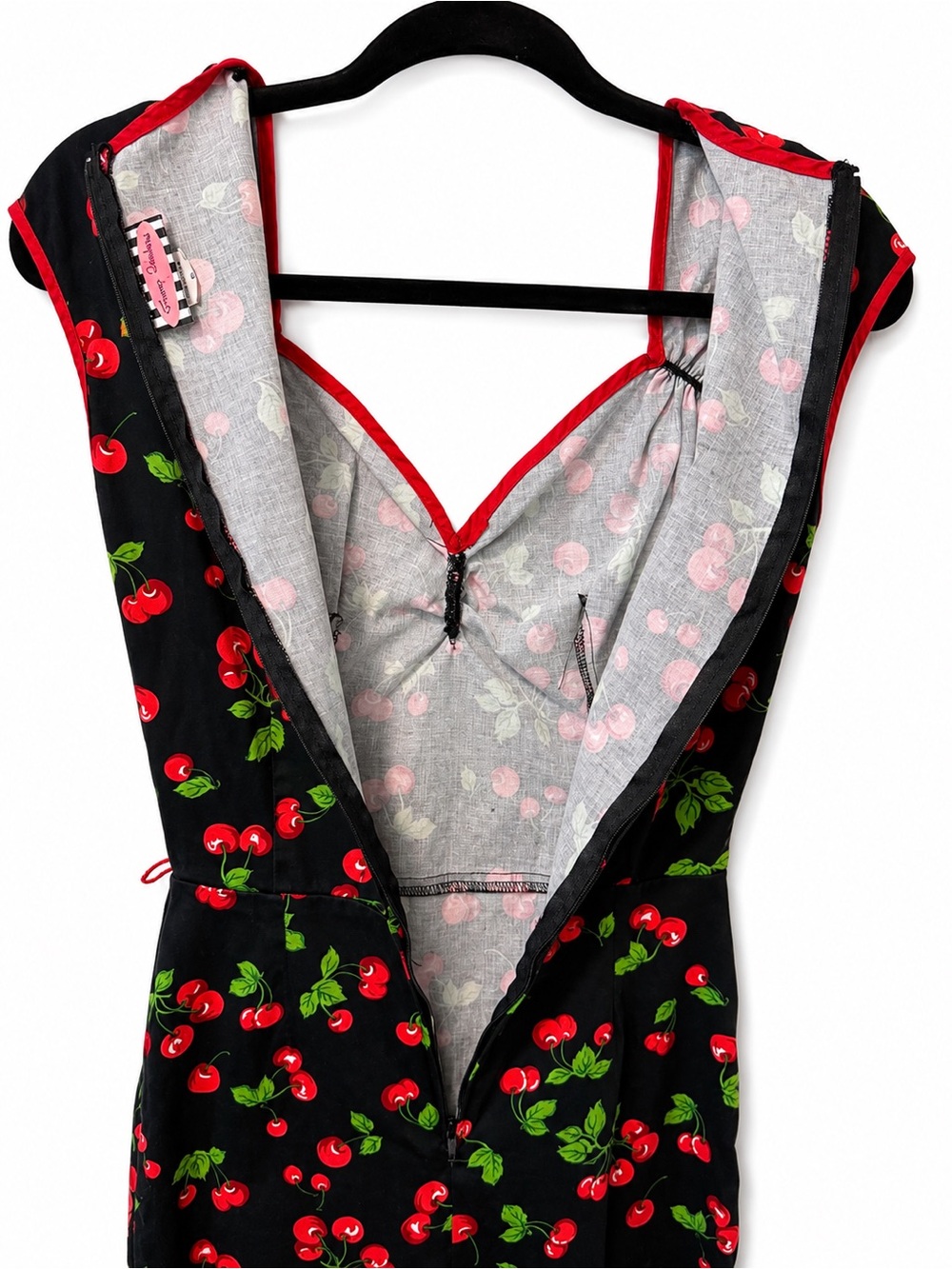 Pinup Couture Black Cherry Print Wiggle Dress Sz S Coquette Retro Bombshell 50’s - Picture 5 of 15